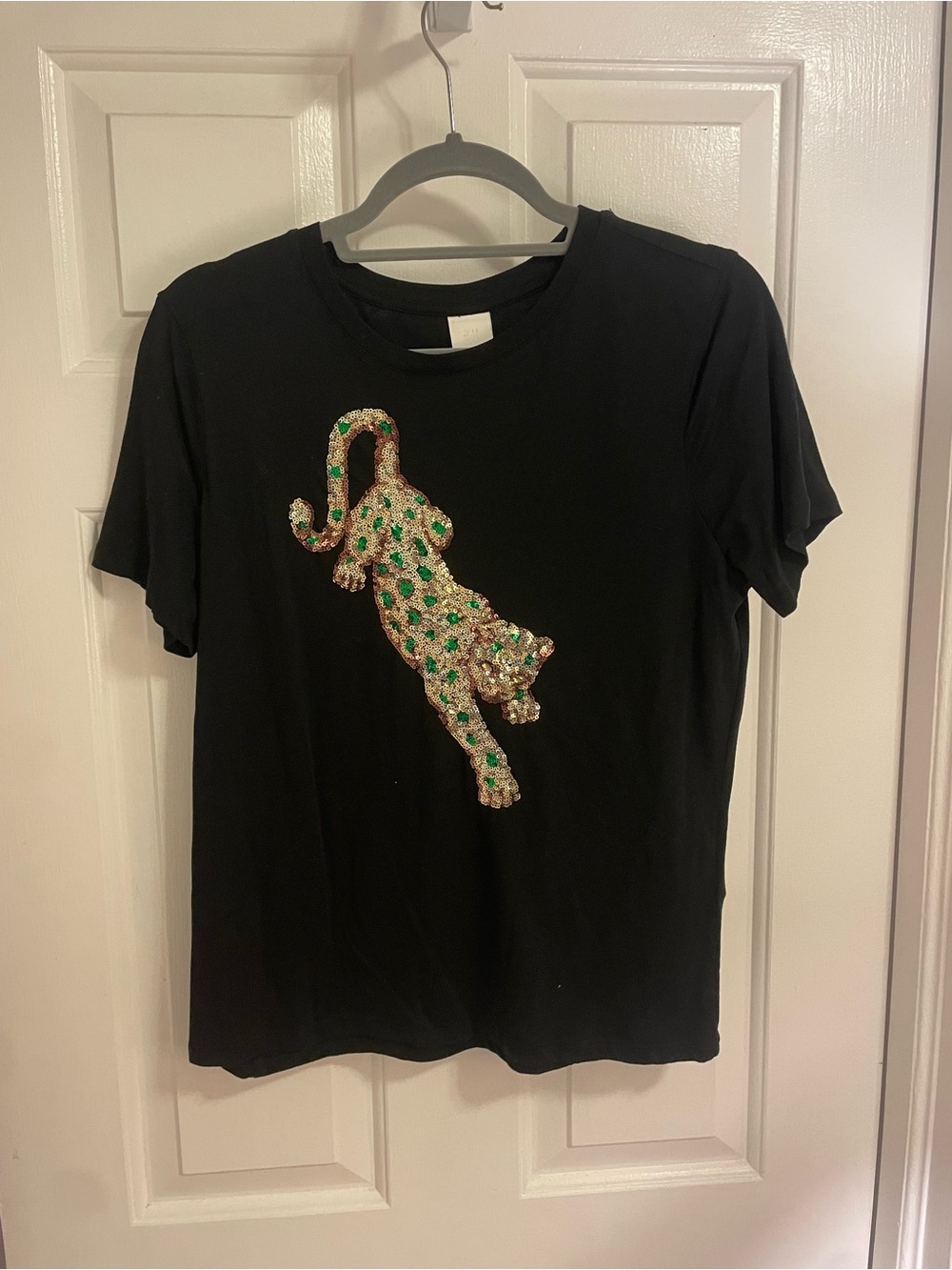 H&M Black Short Sleeve Tee with Sequin Leopard Motif
